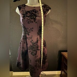 Elegant Vince Camuto Floral Black and Purple Velvet Fit and Flare Pocket Dress